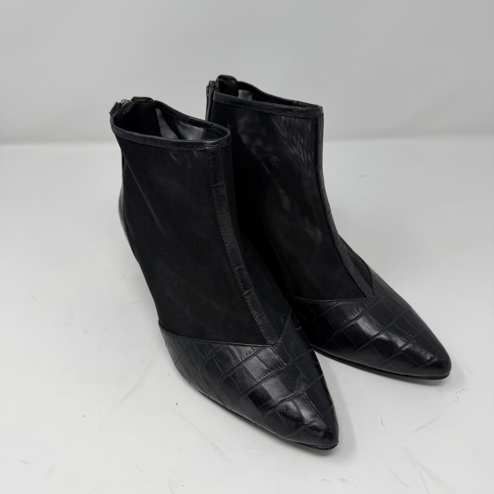 LOGO Croc Embossed Mesh Pointed Toe Block Heel Ankle Boot Black Women Size 6